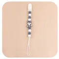 Detail view of cartoon cat pacifier clip with grey and white silicone beads on pink base - Dark Gray