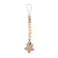 Detail of wooden star clip and soft silicone beads on a neutral baby pacifier chain - Beige