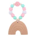 Rainbow beech wood teething ring with colorful silicone beads and crochet ball - Pink