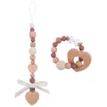 Handmade pacifier clip and wooden heart teething bracelet set in pink and cream - Mauve Set