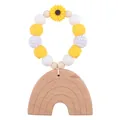 Rainbow beech wood teether with yellow sunflower and colorful silicone beads - Yellow