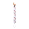 Detail of wooden alpaca clip and patterned fabric pacifier leash with button fastener - Fox Clip Squirrel