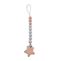 Détail du clip en bois de hêtre en forme d'étoile et perles en silicone sur l'attache-tétine - Gris clair