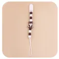 Close-up of brown and white baby pacifier clip with cartoon cat silicone beads - Coffee