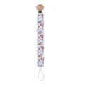 Detail of wooden pacifier clip with floral fabric strap and secure metal fastener - Solid Squirrel