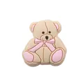 Detailed close-up of a beige silicone teddy bear charm with pink bow for DIY pacifier clips - Light Yellow