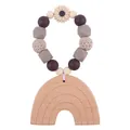 Rainbow beech wood teething ring with brown silicone and crochet beads for infants - Beige