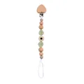Detail of baby pacifier clip with beech wood heart clamp and silicone daisy bead design - Khaki