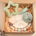 Sage green baby gift set with silicone teether, pacifier, and wooden clip in a craft box - Mint Green