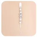 Detailed view of grey cat silicone pacifier clip with grey and white beads - Light Gray