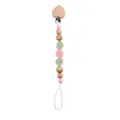 Detail of baby pacifier clip with beech wood heart, daisy beads and silicone chain - Pink