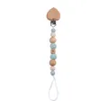 Detail of baby pacifier clip featuring heart wood clip and mint crochet beads - Light Blue