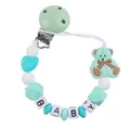 Detail of baby pacifier clip with mint green silicone bear and BABY letter beads - Mint Green