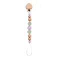 Close-up of heart-shaped beech wood clip and purple daisy silicone beads pacifier chain - Purple