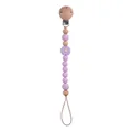 Close-up of beech wood and purple silicone beads with a small daisy on pacifier chain - Purple