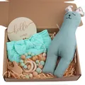 Detailed gift set featuring rabbit doll, mint headband, and wooden pacifier clip - Green