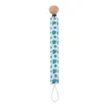 Detail of wooden pacifier clip featuring blue-green monstera leaf pattern on fabric strap - Solid Green Leaf