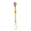 Macro detail of baby pacifier clip featuring yellow silicone beads and beech wood clip - Bright Yellow