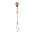 Detail of wooden pacifier clip with white silicone beads and a daisy flower decoration - White