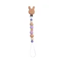 Dettaglio catenella portaciuccio con clip in legno, perline silicone e sfere uncinetto - Viola