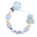 Detail of baby pacifier clip with blue silicone bear, beads and BABY letter squares - Blue