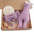 Detailed gift set with purple bunny plush, milestone card, and beech wood teething toys - Purple
