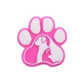 Close-up of a pink silicone paw-shaped shoe charm with a white cat and dog silhouette - Rose Red