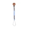 Detail of baby pacifier clip with beech wood clip, silicone beads, and star accent - Gray