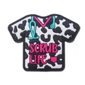 Cow print scrub life nurse silicone shoe charm with stethoscope and pink V-neck - Cow Print (5574706002872) / White