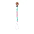 Detail of pink and mint silicone beads on a wooden pacifier clip with star and BABY text - Grass Green