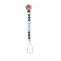 Close-up of beech wood pacifier clip with BABY letter beads and blue silicone spheres - Dark Gray