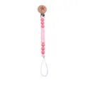Detail of pink silicone beads and wooden clip with star carving on baby pacifier chain - Watermelon red