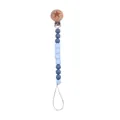Detail of beech wood pacifier clip with Morandi blue silicone beads and BABY letter beads - Dark Blue