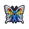Close-up of a colorful butterfly PVC shoe charm featuring a blue ribbon motif - Flower Butterfly