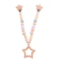 Handmade baby pacifier clip with beech wood stars and colorful crochet beads - Blue Stroller Hanging