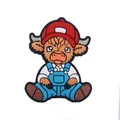 Highland cow shoe charm in red baseball cap and blue overalls for DIY accessories - Red Baseball Cap Highland Cow