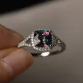 Elegant square multi-color gemstone halo ring for women with silver micro-pave band - US 7 / Colorful