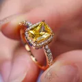 Rectangle yellow gemstone halo ring with white diamond accents in golden finish - Size 5 / Gold with White Stone