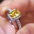 Elegant rectangle yellow zircon ring with halo pavé setting in platinum finish - Size 5 / White Gold With Yellow Zircon