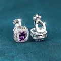 Zilveren vierkante clip-on oorbellen met paarse zirkoonstenen en kleine kristallen - Geplatineerd Paarse Zirkonia