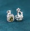 Silver square yellow-green gemstone earrings with white diamond halo surround - Platinum Olive Green