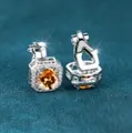 Silver square clip-on earrings with orange cubic zirconia and diamond halo setting - Platinum Plated Champagne Zircon