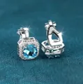 Silver square halo earrings with round blue zircon center and leverback closure - White Gold Aqua Blue