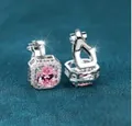 Elegant silver square earrings with pink center stone and sparkling zircon halo - Platinum Plated Pink Zirconia