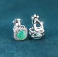 Silver leverback earrings featuring a round green gem with white cubic zirconia accents - White Gold Plated Green Opal