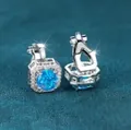 Square halo earrings with blue round cubic zirconia and silver finish in a luxury box - Platinum Blue Opal
