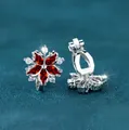 Elegant silver flower clip-on earrings with red marquise stones and white crystal accents - Silver Base Garnet Red Stone