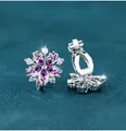 Elegant silver flower ear clips with purple gemstones and white diamonds - Silver Base Purple Stone