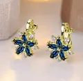 Elegant gold flower earrings with marquise-cut dark blue stones and white zircon - Gold Plated Sapphire Blue Zircon