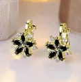Elegant gold flower earrings featuring black marquise petals and white zircon accents - Gold Plated Black Zircon